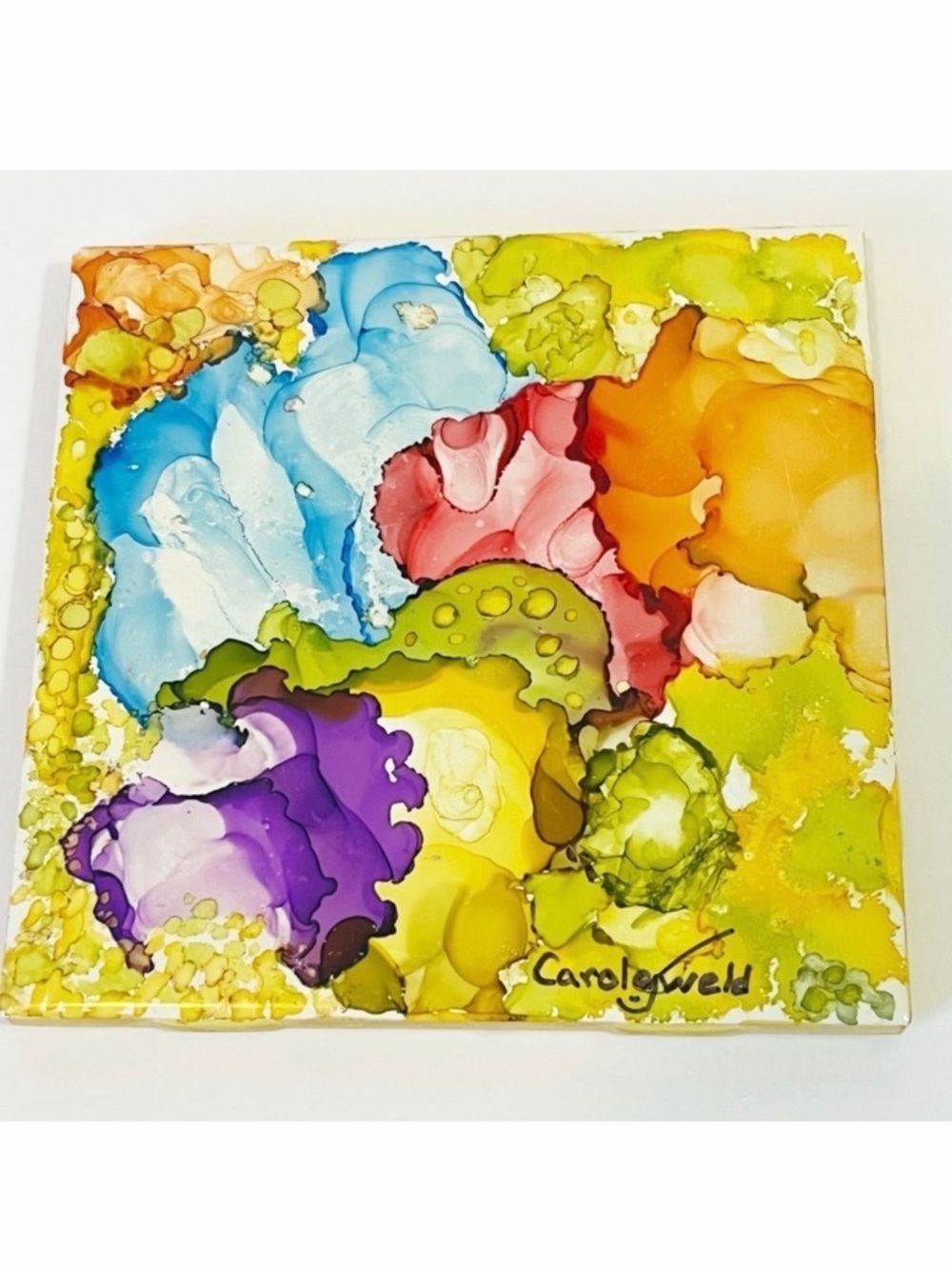 Handmade Alcohol Ink Art Ceramic Tile Coaster Floral Abstract Decor "Colorful"